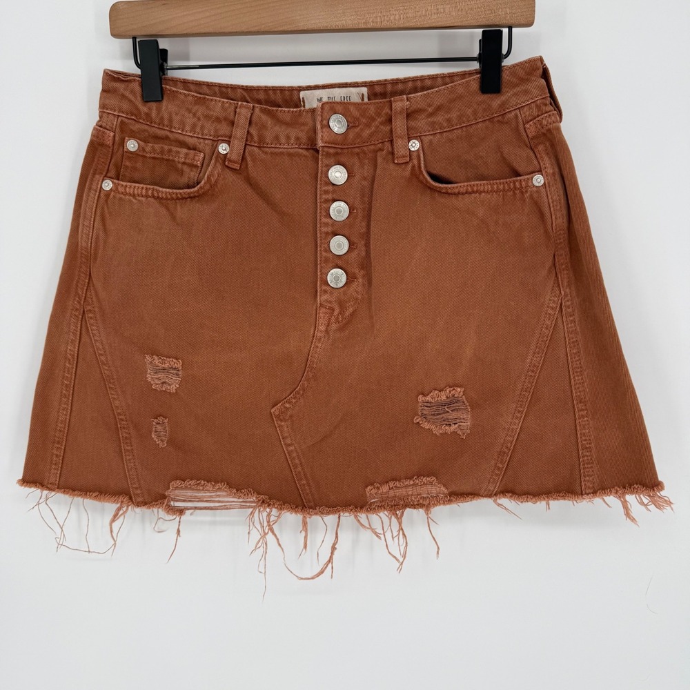 FREE PEOPLE WE THE FREE RIPPED BUTTON FLY DENIM A-LINE MINI SKIRT COPPER SZ 29